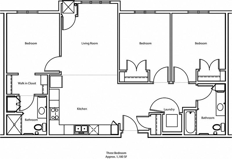 Floor plan for 3 beds, 2 baths, 1187 sqft